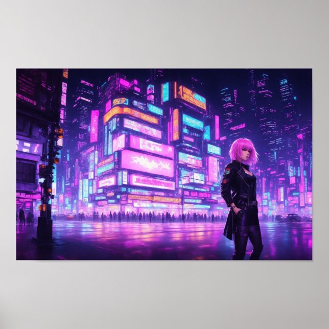 Neon Pink Cyberpunk City Poster (Front)
