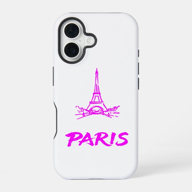 Neon Pink Eiffel Tower Paris Sketch iPhone 16 Case (Back)