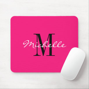 Neon pink elegant custom name monogram computer mouse mat
