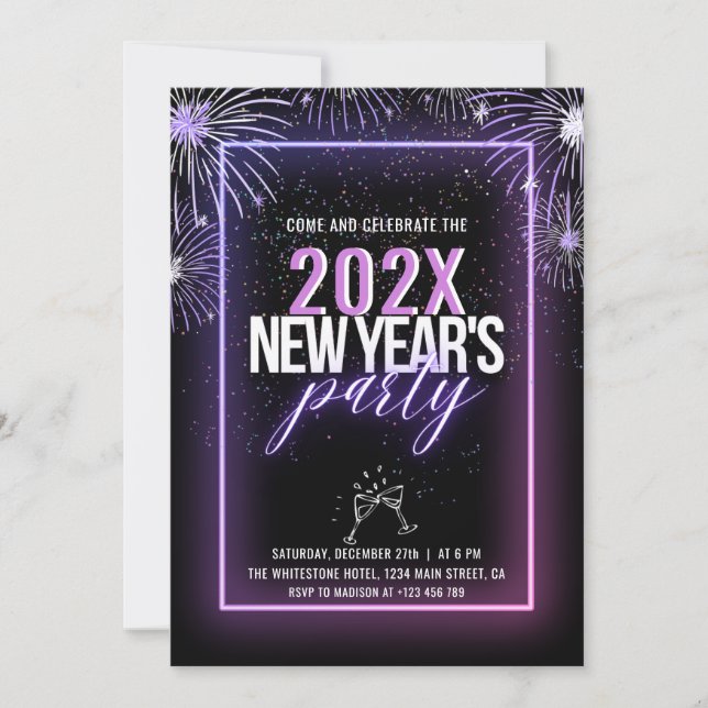 Neon Pink Fireworks New Year Invitation (Front)