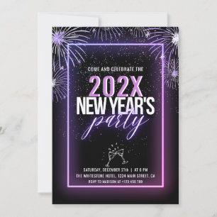 Neon Pink Fireworks New Year Invitation