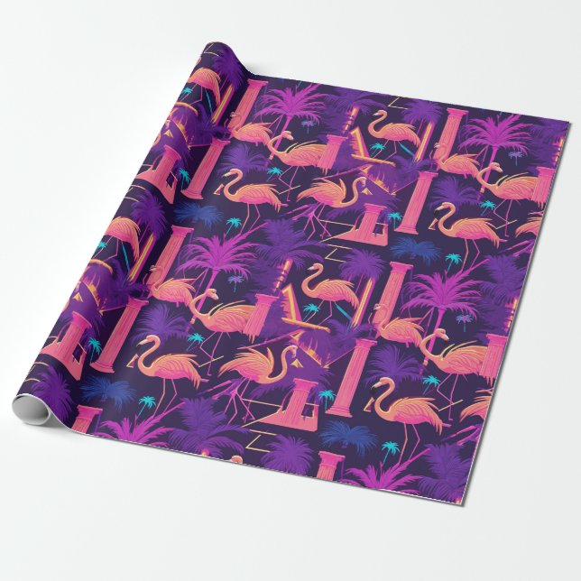 Neon Pink Flamingo Palm Trees Vaporwave Aesthetic  Wrapping Paper (Unrolled)
