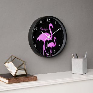 Neon pink flamingo wall clock with custom name