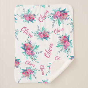 Neon pink floral watercolor Baby Girl Name script Sherpa Blanket