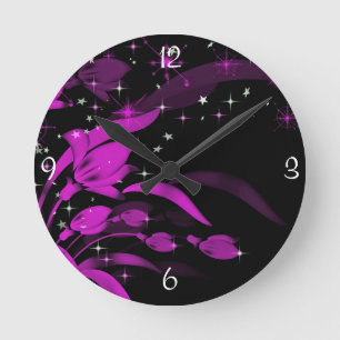 Neon Pink Flowers, Black Wall Clock