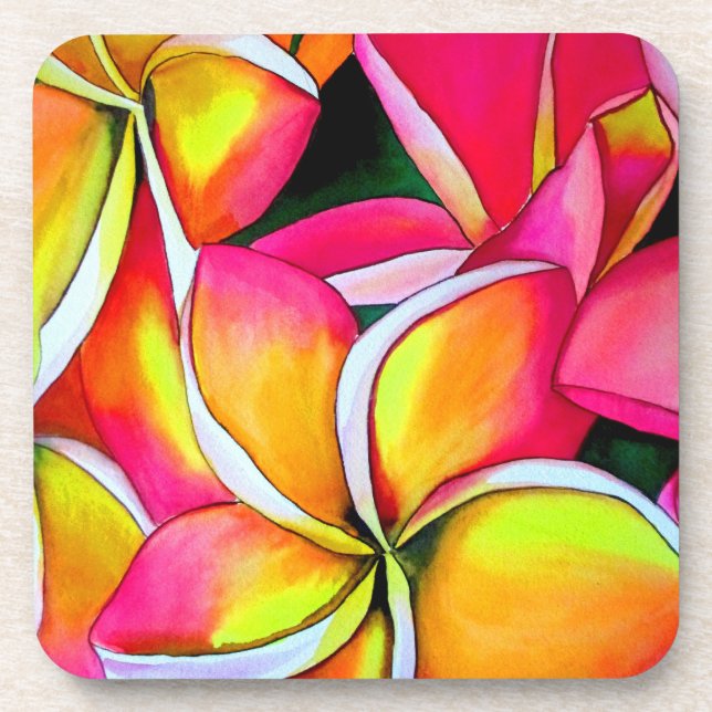 Neon pink Frangipani Plumeria Beach art flowers Coaster (Front)