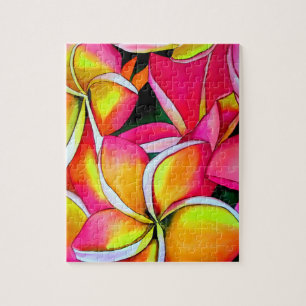 Neon pink Frangipani Plumeria Beach art flowers Jigsaw Puzzle