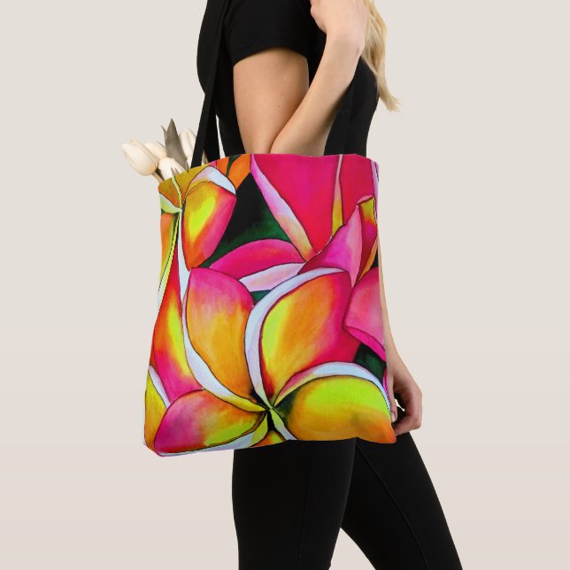 Neon pink Frangipani Plumeria Beach art flowers Tote Bag (Close Up)