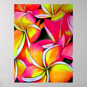 Neon Pink Frangipani Plumeria watercolor art Poster