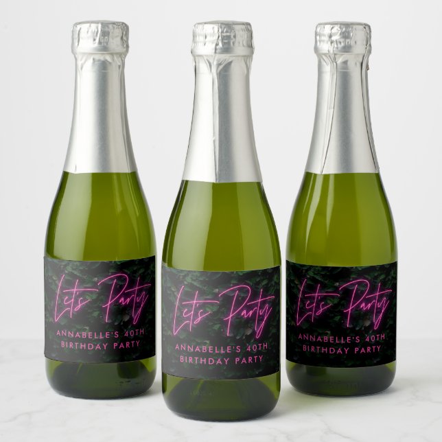 Neon pink funky modern lets party contemporary sparkling wine label (Bottles)