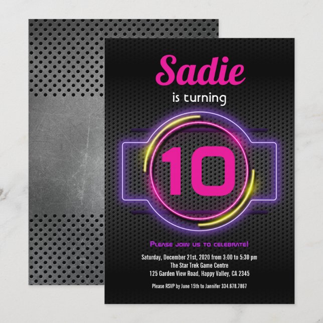 Neon Pink Girl Birthday Party Glow In Dark Game On Invitation (Front/Back)