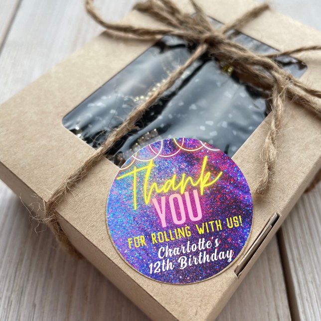 Neon Pink Girl's Roller Skating Party Thank You Classic Round Sticker (Creator Uploaded)