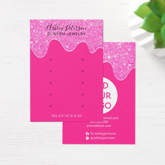 Neon pink glitter drips multi stud earring display (Desk)