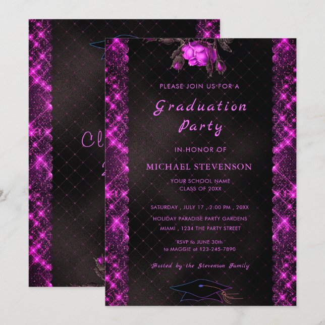 Neon Pink Glitter Framed Graduation Invitation (Front/Back)