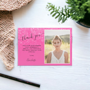 Neon pink glitter ombre trendy photos Sweet 16 Thank You Card