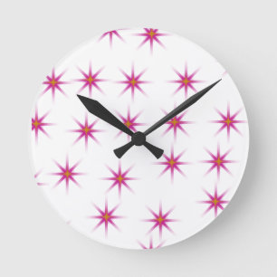 Neon Pink Glowing Stars Pattern Round Clock