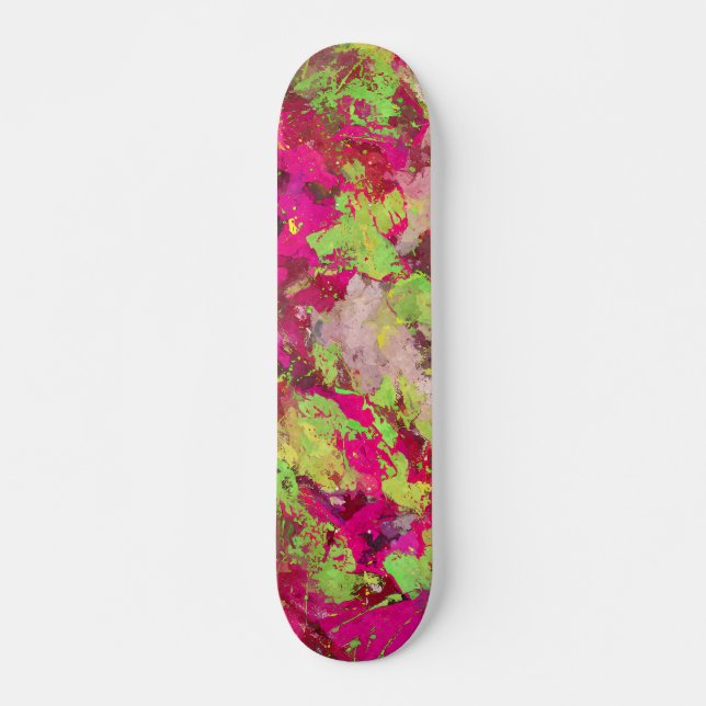 Neon Pink Green Grunge Splatter Skateboard (Front)
