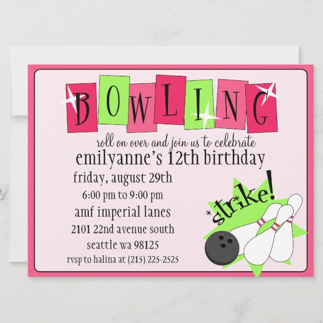 Neon Pink & Green Totally Retro Bowling Birthday P Invitation (Front)