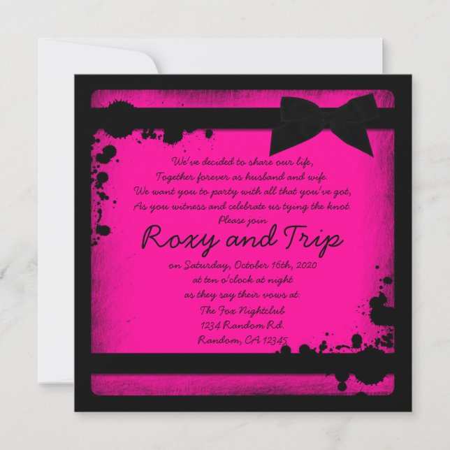 Neon pink grunge black ribbon wedding invites (Front)