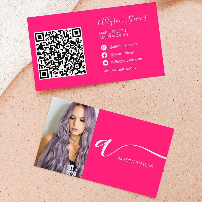 Neon pink hair makeup photo initial qr code business card (Neon pink hair makeup photo initial qr code business card)
