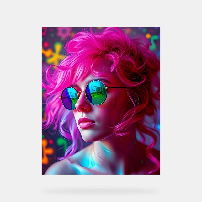 Neon Pink-Haired Woman with Reflective Glasses – M Acrylic Sign (Front)