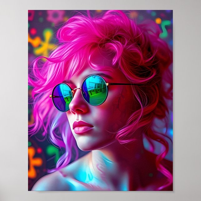 Neon Pink-Haired Woman with Reflective Glasses – M Poster (Front)