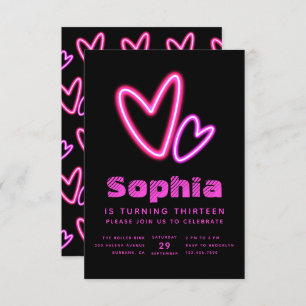 Neon Pink Hearts Birthday Party Invitation