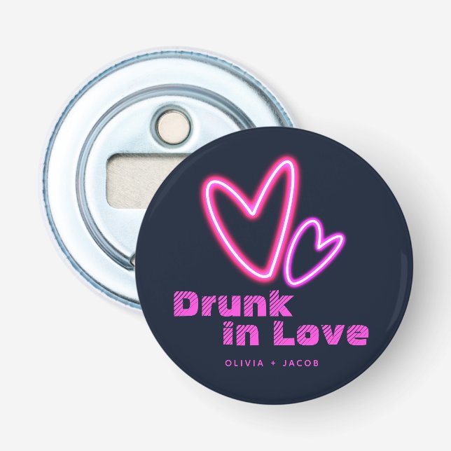 Neon Pink Hearts Drunk in Love Wedding Bottle Opener (Front)