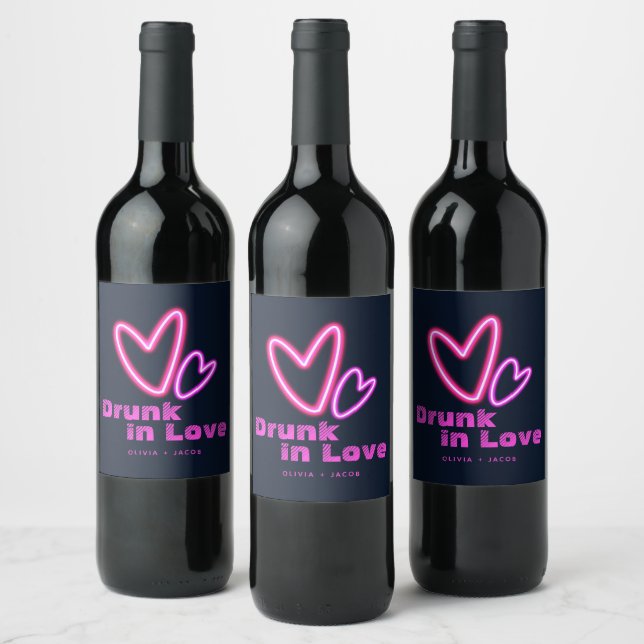 Neon Pink Hearts Drunk in Love Wedding Wine Label (Bottles)