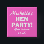 Neon pink hen party badge button for girls night<br><div class="desc">Personalised Neon pink hen party badge button for hens night. Fun bachelorette party / bridal shower accessories for bride to be and bridesmaids on girls night out or girls weekend. Custom Team bride buttons for wedding / bachelor / bachelorette / bridal party. Cute celebration pins before the wedding day. Make...</div>