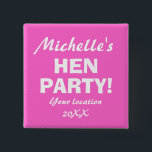 Neon pink hen party badge button for girls night<br><div class="desc">Personalised Neon pink hen party badge button for hens night. Fun bachelorette party / bridal shower accessories for bride to be and bridesmaids on girls night out or girls weekend. Custom Team bride buttons for wedding / bachelor / bachelorette / bridal party. Cute celebration pins before the wedding day. Make...</div>