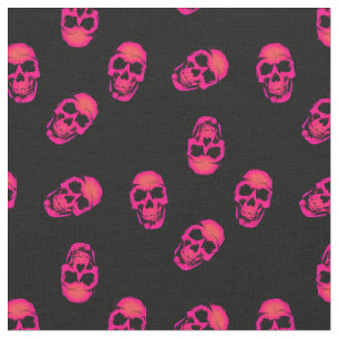 Neon Pink Human Skulls on Black Pattern Fabric