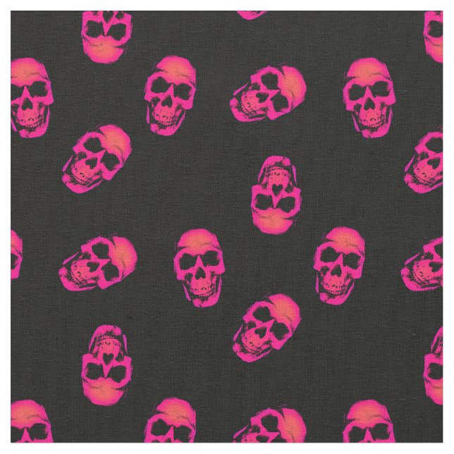 Neon Pink Human Skulls on Black Pattern Fabric (Close Up)