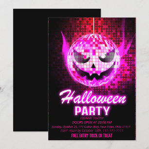 Neon Pink Jack O Lantern Disco Ball Halloween Invitation