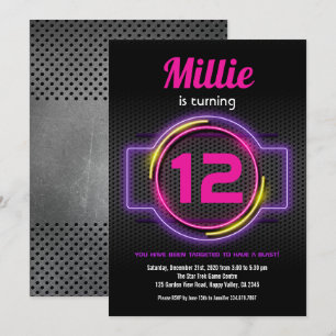 Neon Pink Laser Tag Girl Birthday Party Game On Invitation