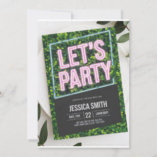Neon Pink "Let's Party" Boxwood Birthday Invitatio Invitation
