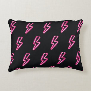 Neon Pink Lightning: Dark Background. Decorative Cushion