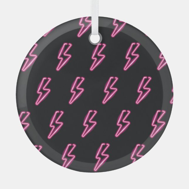 Neon Pink Lightning: Dark Background. Glass Tree Decoration (Front)