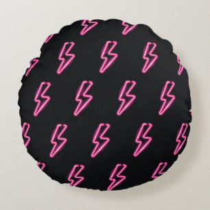 Neon Pink Lightning: Dark Background. Round Cushion