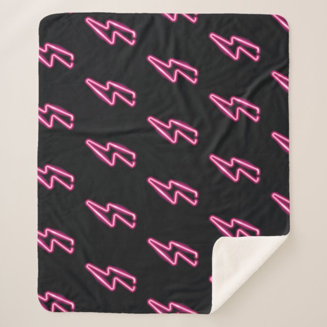 Neon Pink Lightning: Dark Background. Sherpa Blanket (Front)
