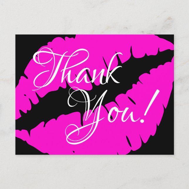 Neon Pink Lipstick Calligraphy Thank You Black Postcard (Front)