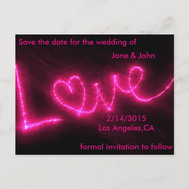 neon pink love save the date wedding postcard (Front)