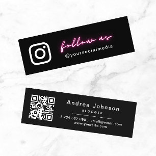 Neon Pink Minimal Follow Us Social Media & QR Code Mini Business Card