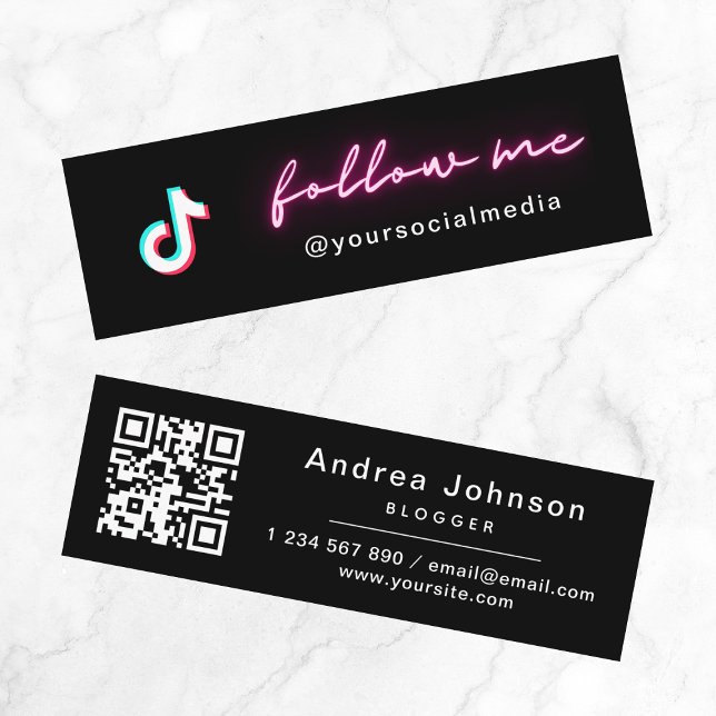 Neon Pink Minimalist Follow TikTok & QR Code Mini Business Card (Creator Uploaded)