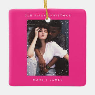 Neon Pink Modern  Merry and Married Photo Ceramic Ornament