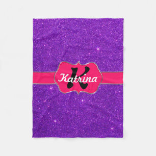 Neon Pink Monogram on Purple Glitter Fleece Blanket
