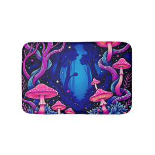 Neon Pink Mushroom Forest Art Bath Mat