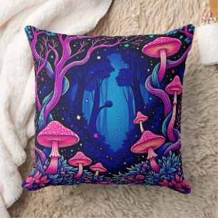 Neon Pink Mushroom Forest Art Cushion