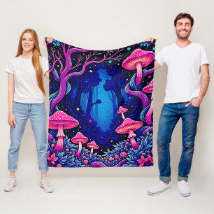 Neon Pink Mushroom Forest Art Fleece Blanket