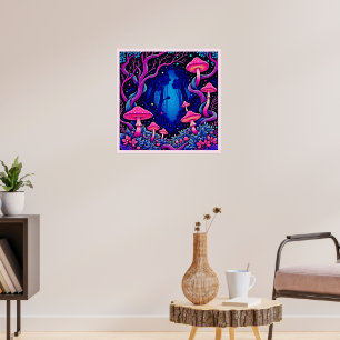 Neon Pink Mushroom Forest Art Poster